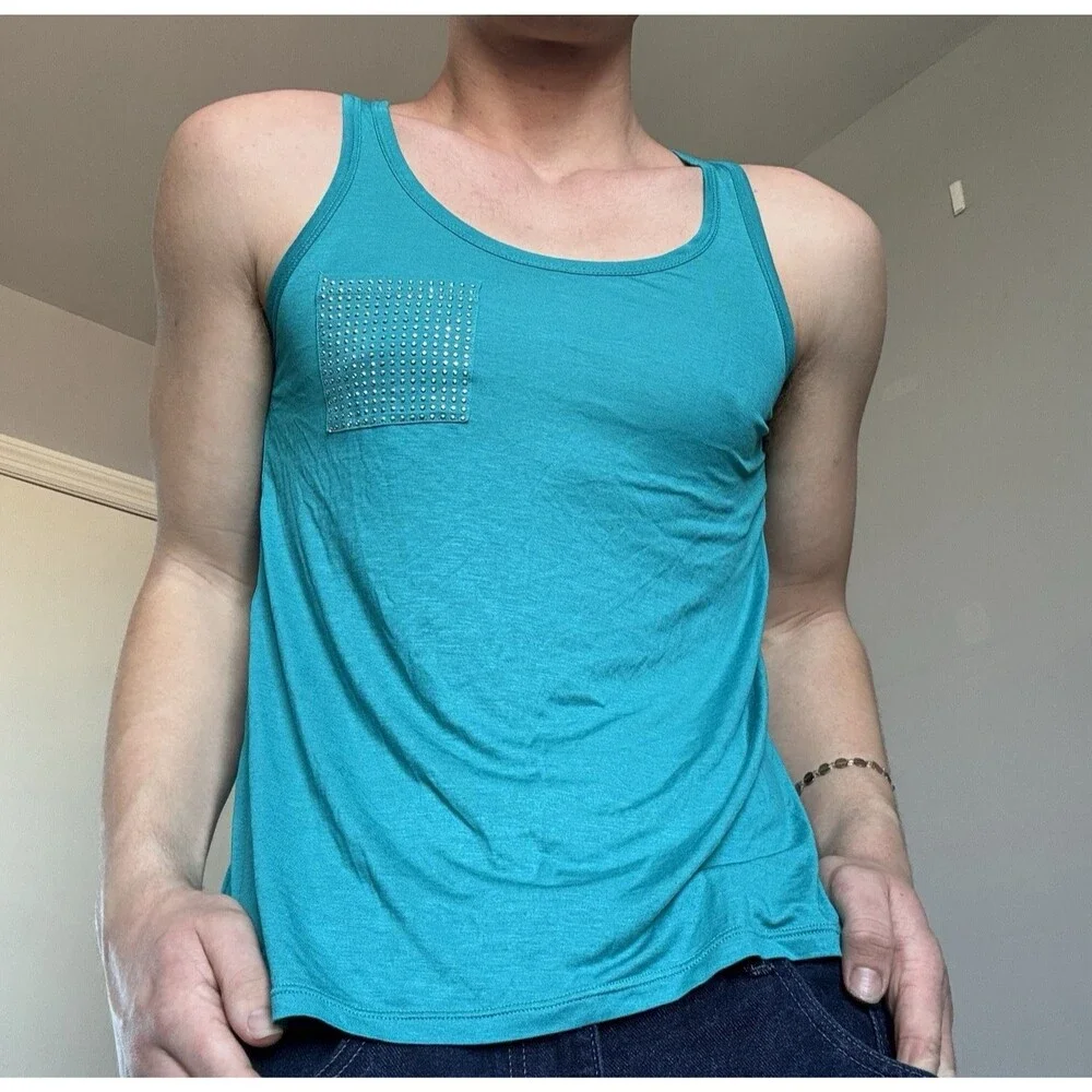 Michael Kors Teal Embellished Rhinestone Y2K Tank Top Sz XS Bling